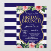 Navy Blue en Gold Bridal Brunch Invitation Floral Kaart (Voorkant / Achterkant)