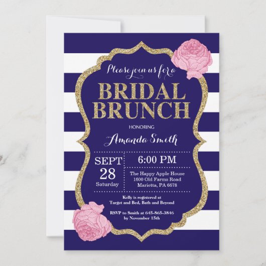 Navy Blue en Gold Bridal Brunch Invitation Kaart (Voorkant)