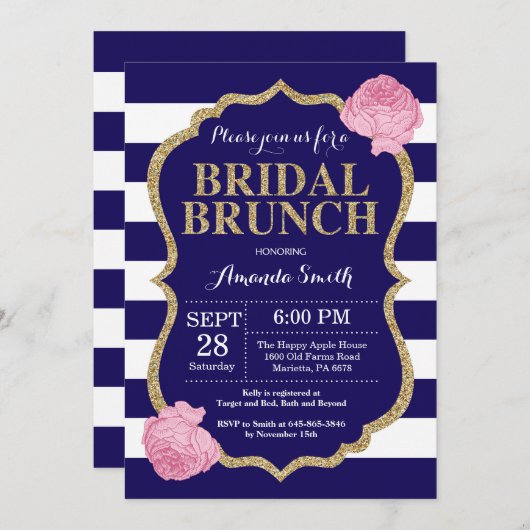 Navy Blue en Gold Bridal Brunch Invitation Kaart (Voorkant / Achterkant)