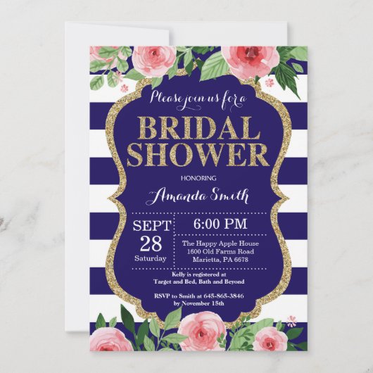 Navy Blue en Gold Bridal Shower Invitation Floral Kaart (Voorkant)