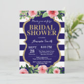 Navy Blue en Gold Bridal Shower Invitation Floral Kaart (Staand voorkant)