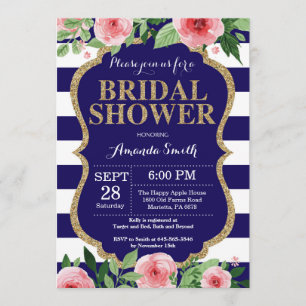 Navy Blue en Gold Bridal Shower Invitation Floral Kaart