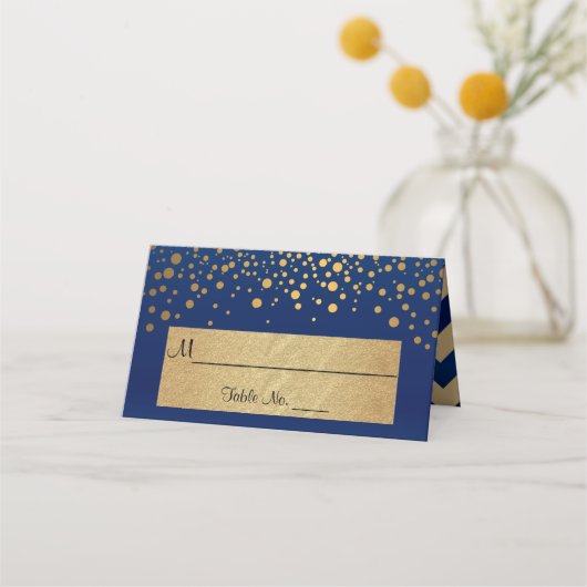 Navy Blue en Gold Chevron en Confetti Stippen 2 Plaatskaartje (Voorkant)