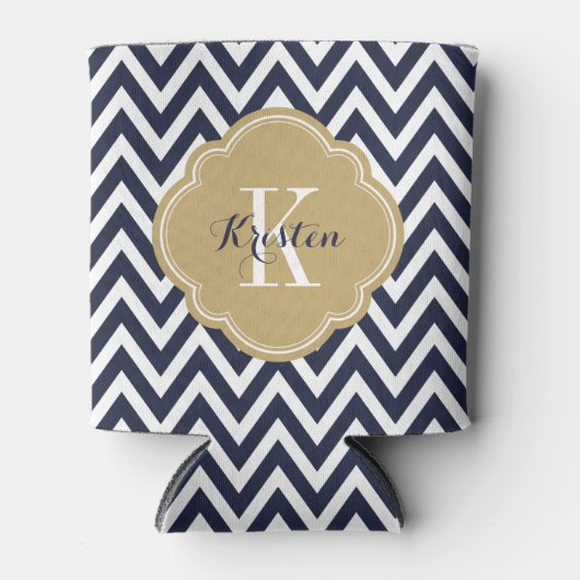 Navy Blue en Gold Chevron Monogram Blikjeskoeler (Voorkant)