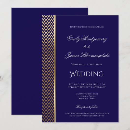 Navy Blue en Gold Chevron Stripe Wedding Kaart (Voorkant / Achterkant)