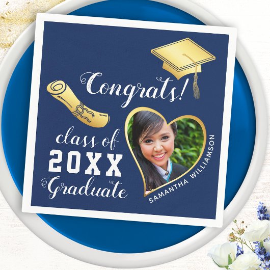 Navy Blue en Gold Class 2025 Foto Afstuderen Servet