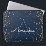 Navy Blue en Gold Confetti Monogram Laptop Sleeve<br><div class="desc">Het marineblauw en gouden Confetti Elegant Monogram Hoesje. Dit hoesje kan worden aangepast om uw initiaal en voornaam op te nemen.</div>