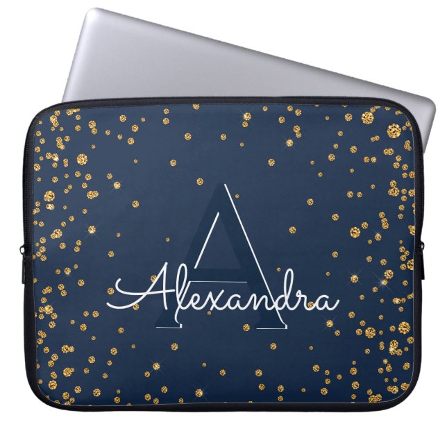 Navy Blue en Gold Confetti Monogram Laptop Sleeve (Voorkant)
