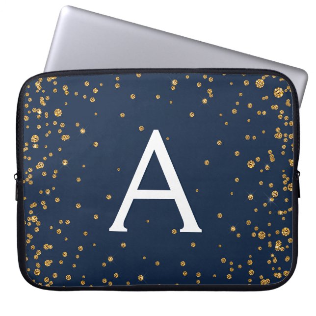 Navy Blue en Gold Confetti Monogram Laptop Sleeve (Voorkant)