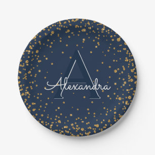 Navy Blue en Gold Confetti Monogram Verjaardag Papieren Bordje