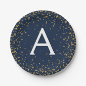 Navy Blue en Gold Confetti Monogram Verjaardag Papieren Bordje (Voorkant)