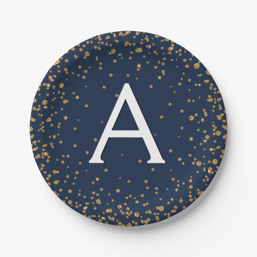 Navy Blue en Gold Confetti Monogram Verjaardag Papieren Bordje (Voorkant)
