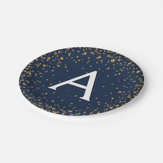Navy Blue en Gold Confetti Monogram Verjaardag Papieren Bordje (Gekanteld)