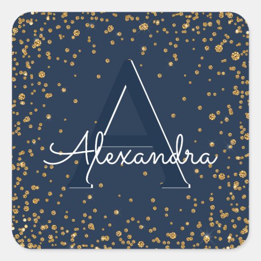 Navy Blue en Gold Confetti Monogram Verjaardag Vierkante Sticker (Voorkant)