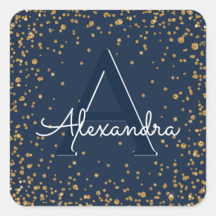 Navy Blue en Gold Confetti Monogram Verjaardag Vierkante Sticker