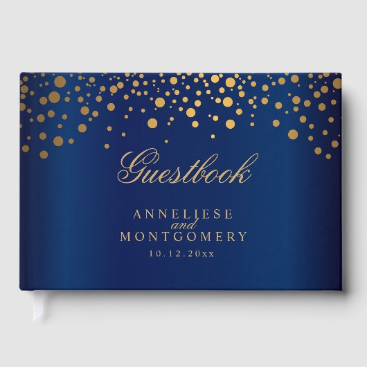 Navy Blue en Gold Confetti Stippen Gastenboek (Voorkant)