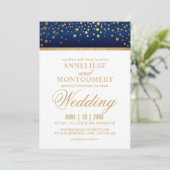 Navy Blue en Gold Confetti Stippen - Uitnodiging (Staand voorkant)