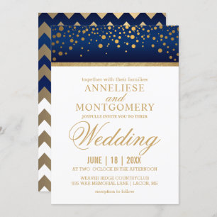 Navy Blue en Gold Confetti Stippen - Uitnodiging