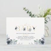 Navy Blue en Gold Elegant Boho Floral Baby shower Kaart (Staand voorkant)