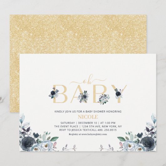 Navy Blue en Gold Elegant Boho Floral Baby shower Kaart (Voorkant / Achterkant)