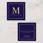 Navy Blue en Gold Elegant Monogram Vierkante Visitekaartje (Voorkant / Achterkant)