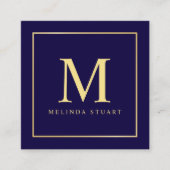 Navy Blue en Gold Elegant Monogram Vierkante Visitekaartje (Voorkant)