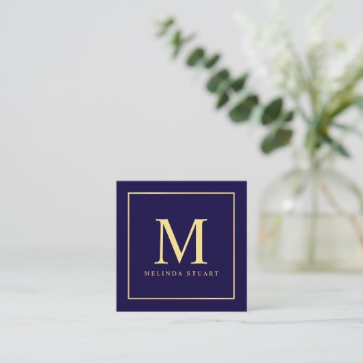 Navy Blue en Gold Elegant Monogram Vierkante Visitekaartje (Staand voorkant)