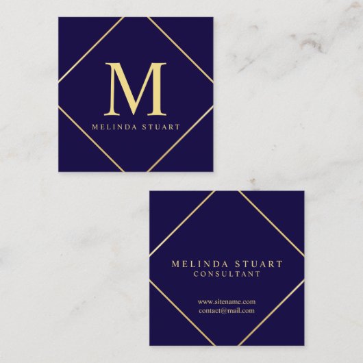 Navy Blue en Gold Elegant Monogram Vierkante Visitekaartje (Voorkant / Achterkant)