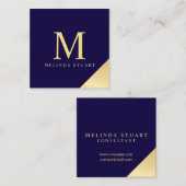 Navy Blue en Gold Elegant Monogram Vierkante Visitekaartje (Voorkant / Achterkant)