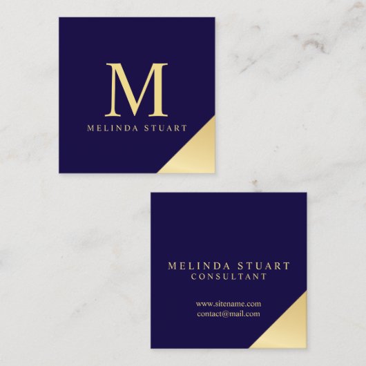 Navy Blue en Gold Elegant Monogram Vierkante Visitekaartje (Voorkant / Achterkant)