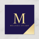 Navy Blue en Gold Elegant Monogram Vierkante Visitekaartje (Voorkant)