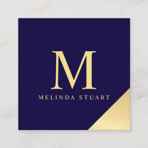 Navy Blue en Gold Elegant Monogram Vierkante Visitekaartje