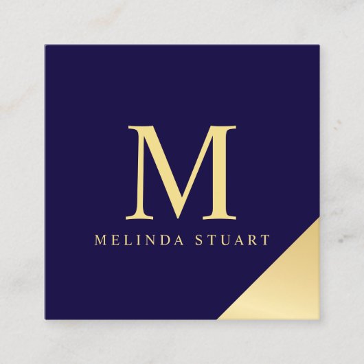 Navy Blue en Gold Elegant Monogram Vierkante Visitekaartje (Voorkant)