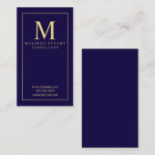 Navy Blue en Gold Elegant Monogram Visitekaartje (Voorkant / Achterkant)