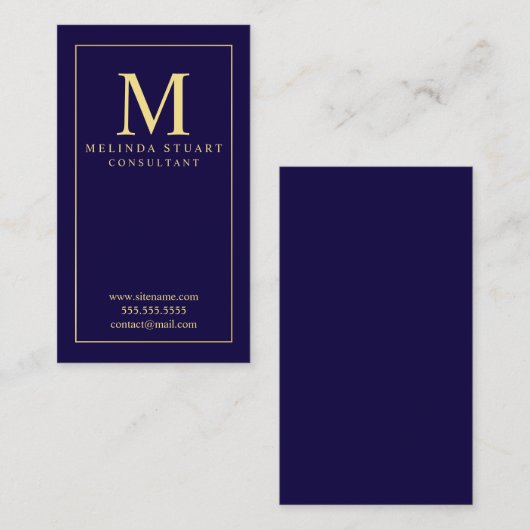 Navy Blue en Gold Elegant Monogram Visitekaartje (Voorkant / Achterkant)