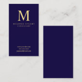 Navy Blue en Gold Elegant Monogram Visitekaartje (Voorkant / Achterkant)