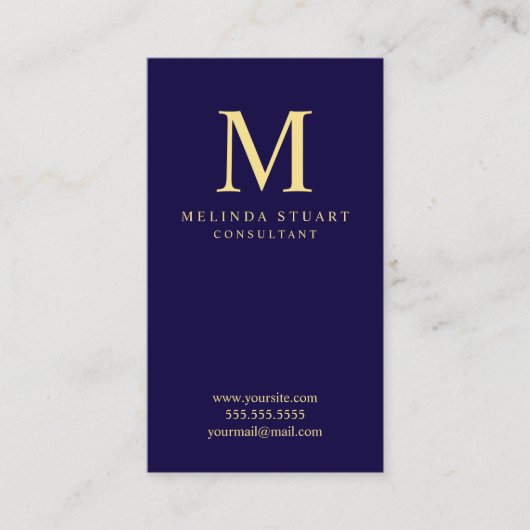 Navy Blue en Gold Elegant Monogram Visitekaartje (Voorkant)