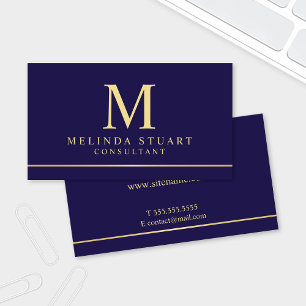 Navy Blue en Gold Elegant Monogram Visitekaartje