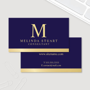 Navy Blue en Gold Elegant Monogram Visitekaartje