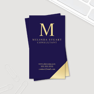 Navy Blue en Gold Elegant Monogram Visitekaartje