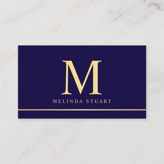 Navy Blue en Gold Elegant Monogram Visitekaartje (Voorkant)