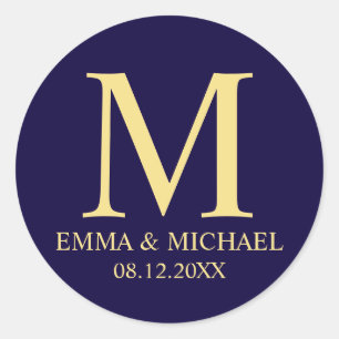 Navy Blue en Gold Elegant Monogram Wedding Favor Ronde Sticker