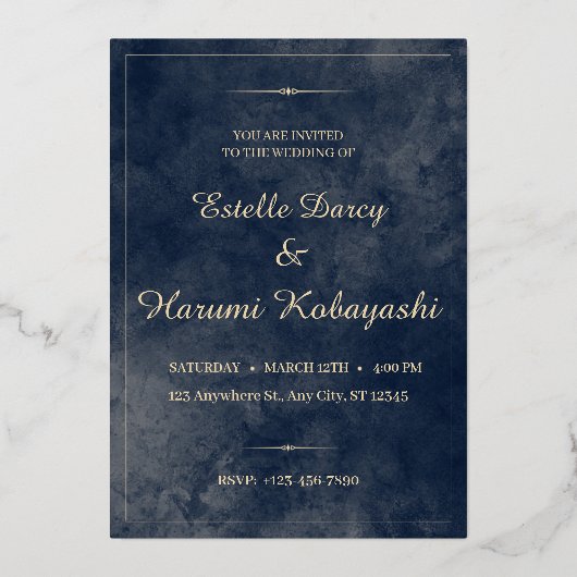 Navy Blue en Gold Elegant, Waterverf achtergrond Folie Uitnodiging (Voorkant)