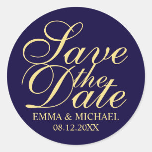 Navy Blue en Gold Elegant Wedding Save the Date Ronde Sticker