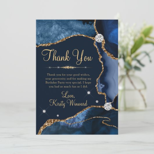 Navy Blue en Gold Faux Glitter Agate Birthday Bedankkaart (Staand voorkant)