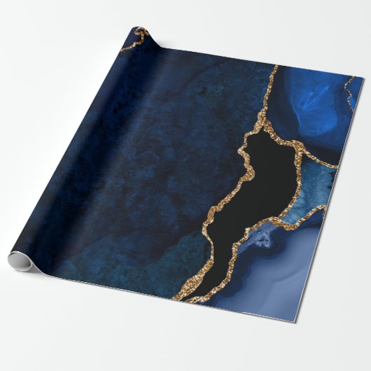 Navy Blue en Gold Faux Glitter Agate Cadeaupapier (Uitgerold)