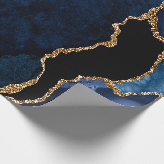 Navy Blue en Gold Faux Glitter Agate Cadeaupapier (Hoek)