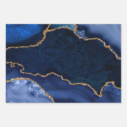 Navy Blue en Gold Faux Glitter Agate Inpakpapier Vel (Voorkant 2)