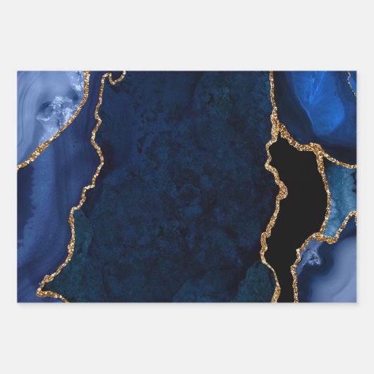 Navy Blue en Gold Faux Glitter Agate Inpakpapier Vel (Voorkant)