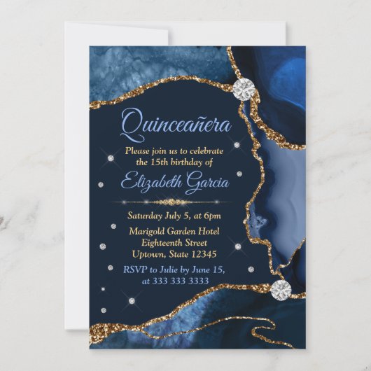 Navy Blue en Gold Faux Glitter Agate Quinceanera Kaart (Voorkant)